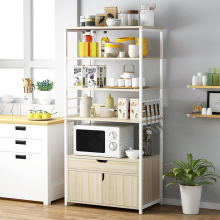 乐巴士置物架落地式家用厨房收纳储物微波炉架碗筷架 【带抽屉五层】枫樱木色+白架