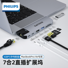 飞利浦 双Type-C扩展坞 转换器HDMI/SD/TF/PD/USB/RJ45网口 通用苹果MacBookpro拓展坞1604M