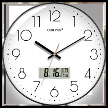 康巴丝COMPAS 挂钟 电波钟客厅静音万年历钟表时尚简约北欧双日历温度时钟自动对时智能钟表挂墙表 黑白色(液晶日历) 6219A电波款14英寸直径35厘米