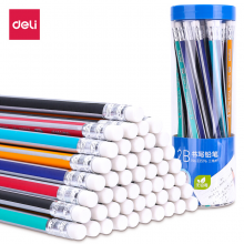 得力(deli)经典彩色抽条三角杆HB铅笔带橡皮头 学生素描绘图铅笔 50支/桶33595