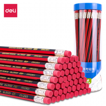  得力(deli)经典红黑抽条六角杆HB铅笔带橡皮头 学生素描绘图铅笔 50支/桶33593