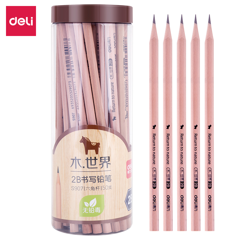 得力(deli)木世界系列六角笔杆原木2B铅笔 50支/桶 S907 
