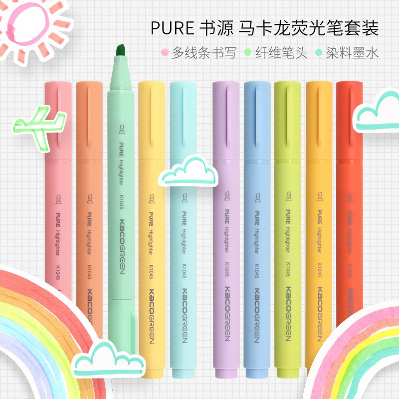 KACO 书源马卡龙荧光笔淡彩色系考研小清新柔和学生用糖果色马克笔网课标记笔10支/盒 荧光笔 2盒/套