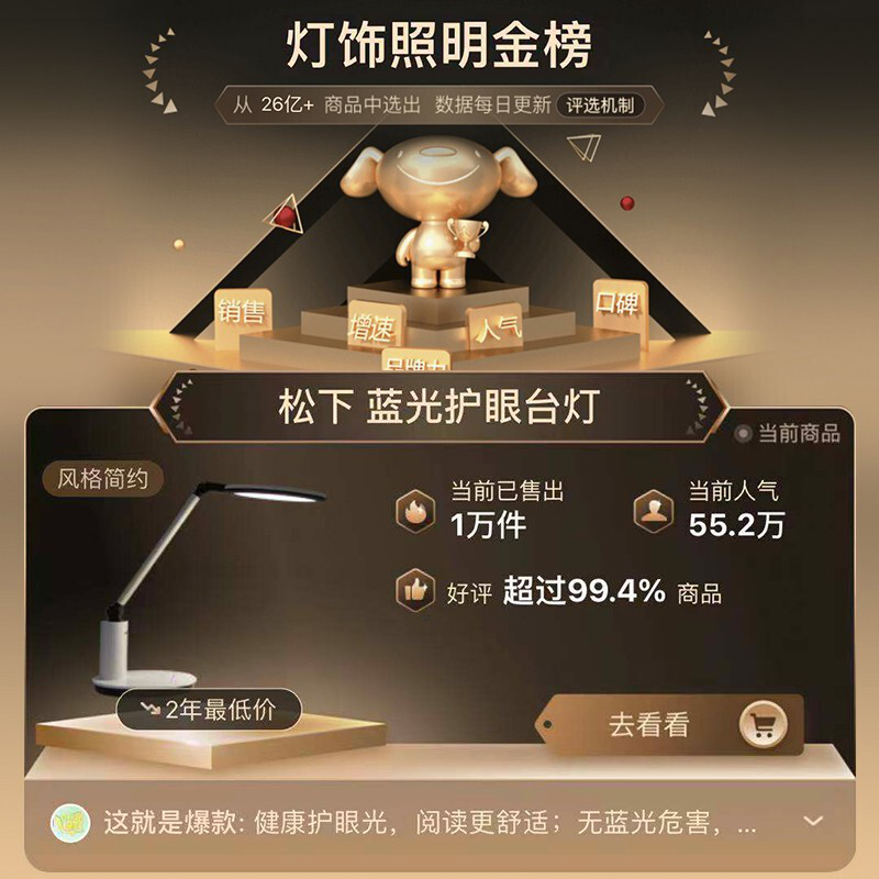 松下（Panasonic）学习台灯减蓝光护眼台灯 国AA级儿童学生阅读工作护眼灯LED触控调光卧室宿舍台灯