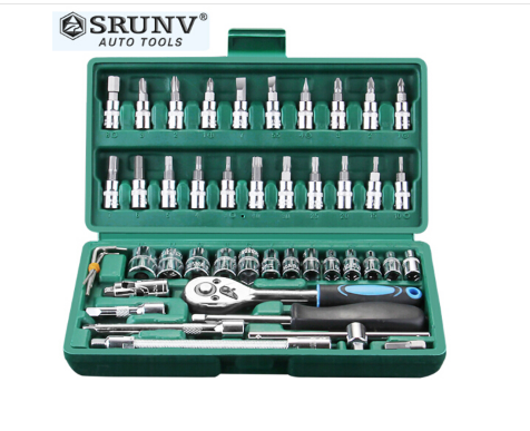 鑫瑞 SRUNV 汽修套筒扳手套装快速棘轮修车工具多功能工具套装46件小盒 A1-X04609