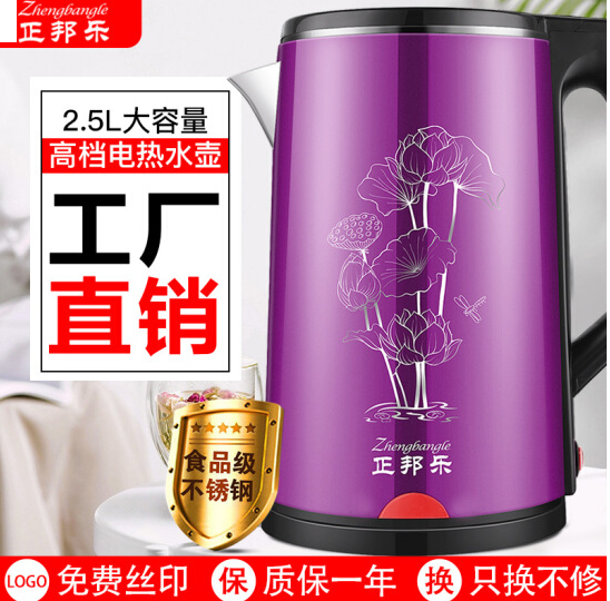 电热水壶电水壶 烧水壶双层防烫电热水壶 2.5L正邦乐紫色+保温
