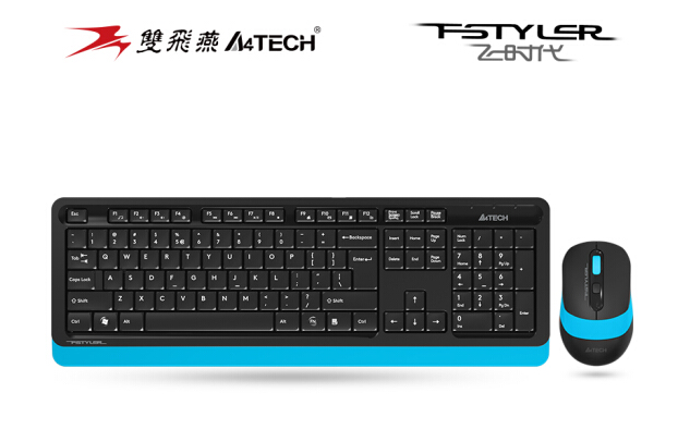 双飞燕（A4TECH）FG1010 飞时代键鼠套装 无线键鼠套装 办公键鼠套装 防泼溅 时尚商务 幻光蓝 2000DPI