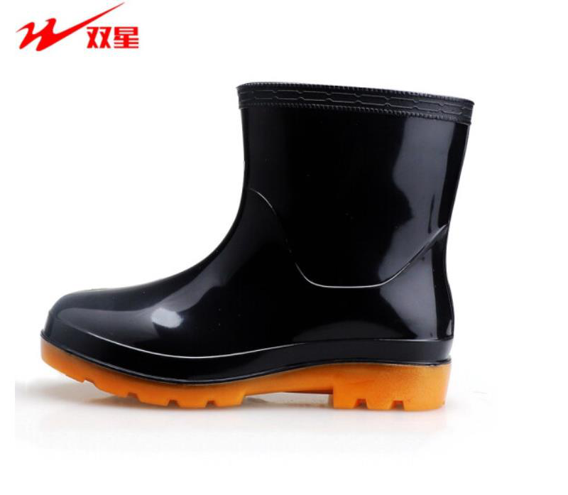 双星高筒雨靴男春季劳保刷车靴钓鱼雨鞋防滑中筒厨师鞋防水鞋胶鞋 黑色黄底 42