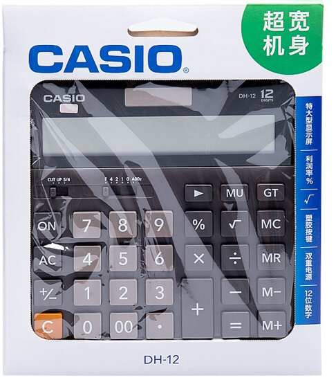 卡西欧（CASIO）DH-12-BK 中型 12位 双电源 超宽计算器 黑色 专业计算系列