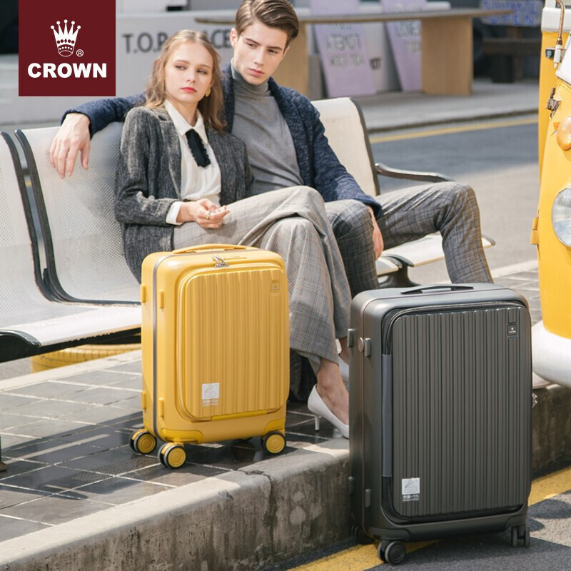 CROWN皇冠 拉链铝框拉杆箱 万向轮登机箱行李箱男女旅行箱密码箱 5278-20英寸姜黄