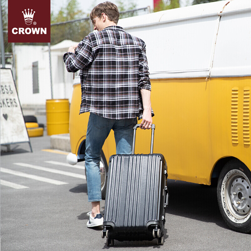 CROWN皇冠铝框拉杆箱 行李箱旅行箱铝框拉杆箱密码箱出差商务 坚固防刮铝框行李箱 5195-29英寸-黑色