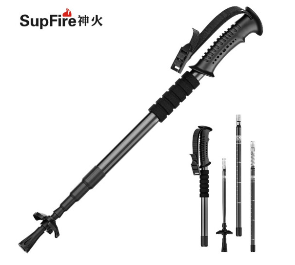 神火（supfire）户外登山杖铝合金直型柄4节超轻拐杖徒步健走爬山户外拐杖手杖黑色
