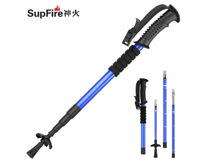 神火（supfire）户外登山杖铝合金直型柄4节超轻拐杖徒步健走爬山户外拐杖手杖蓝色