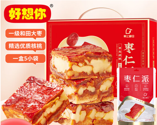 好想你 枣夹核桃新疆红枣夹心派红小派大块树上粮仓枣仁派礼盒990g/5袋