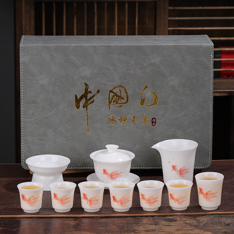 润天壹号  手绘锦鲤羊脂玉茶具套装礼品实用高档客户白瓷高端盖碗茶杯子 定制款