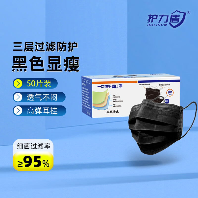 护力盾 独立包装一次性女男成人口罩黑色防尘防飞沫PM2.5防护透气口罩 独立包装【50片黑色】三层防护