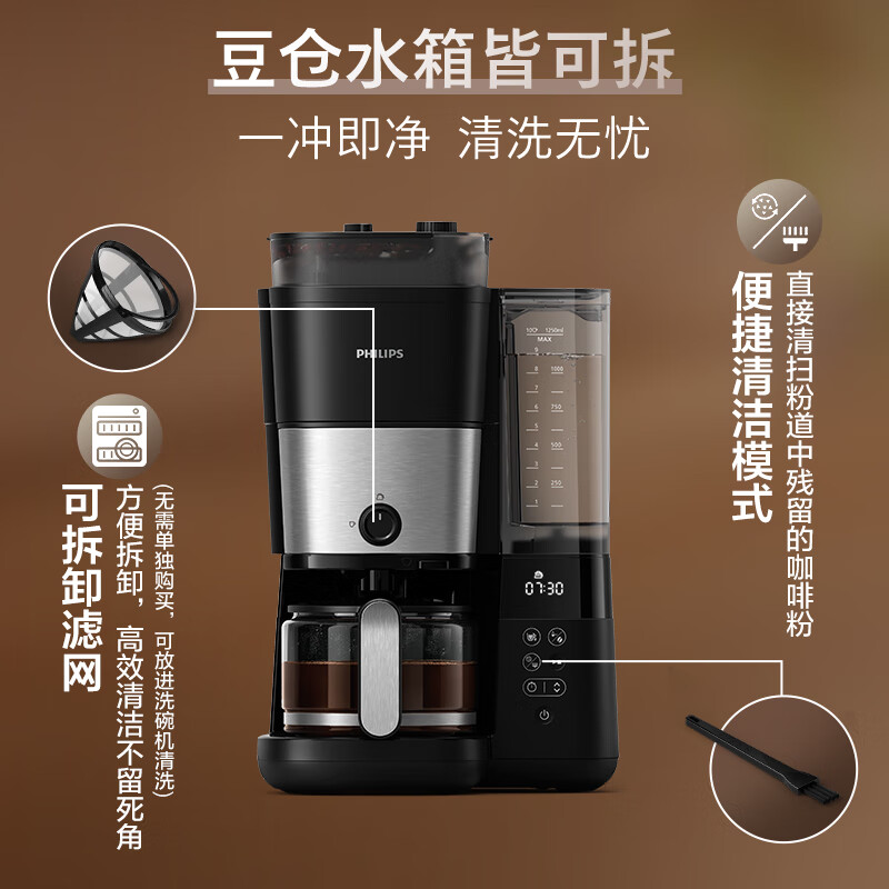飞利浦（PHILIPS）咖啡机全自动家用/办公室小型大容量双豆仓研磨一体磨豆机现磨小家电实用