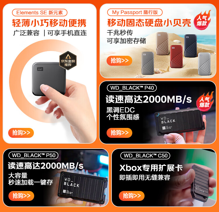  西部数据(WD) 1TB 移动固态硬盘（PSSD）Elements SE新元素 SSD type-c接口 手机直连笔记本电脑外接
