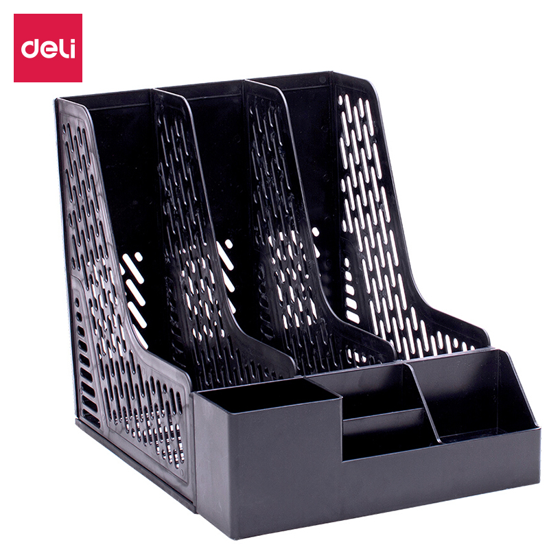 得力(deli)带笔筒多功能三联文件框/文件筐/文件架 PC材质黑78980