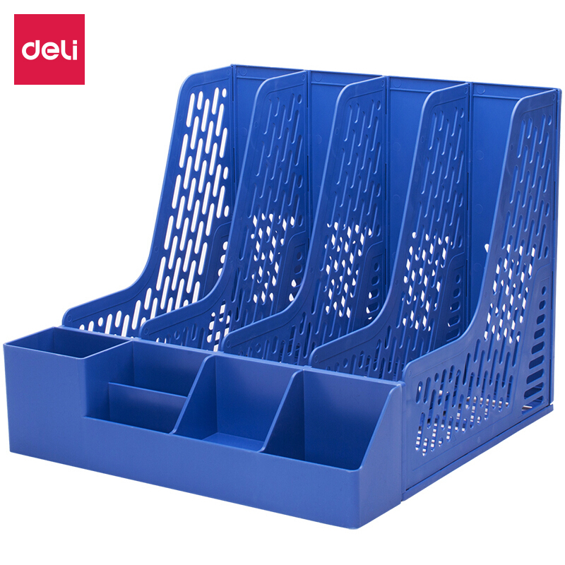 得力（deli）78981加厚型带笔筒四联文件框/文件筐/文件栏/文件架(蓝)四联带笔筒-蓝色