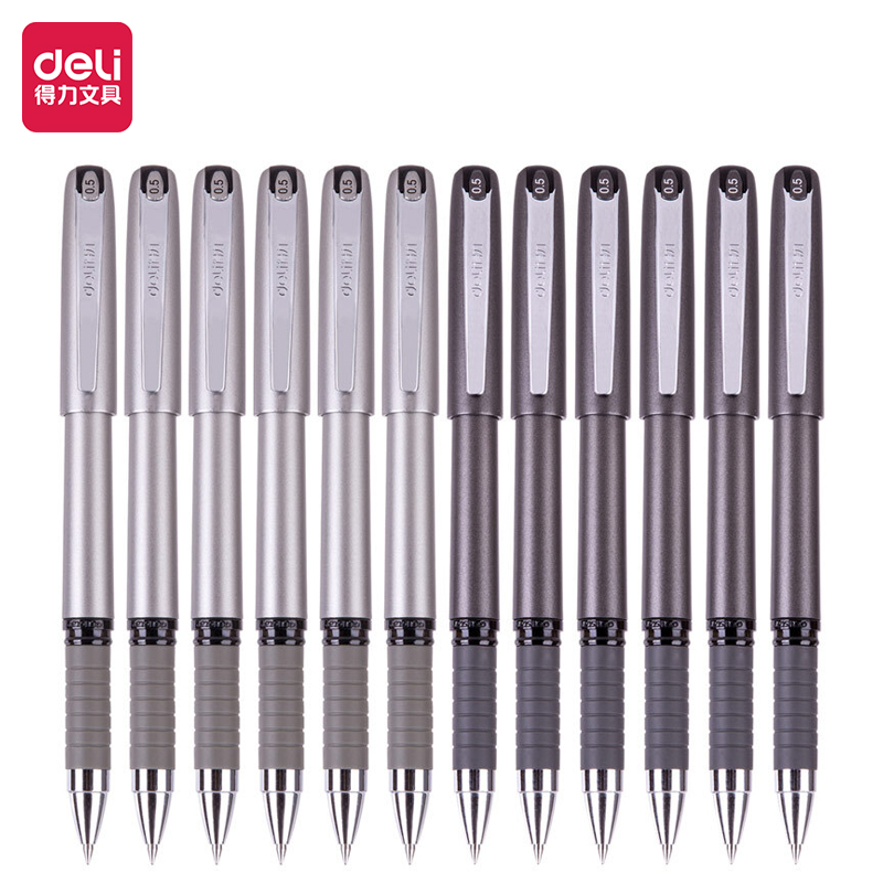 得力(deli)0.5mm黑色中性笔水笔签字笔 金属质感软胶握手12支/盒S25