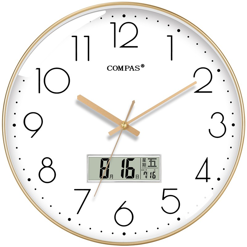 康巴丝（Compas）挂钟客厅钟表 万年历简约石英钟表挂墙时钟 C3242Y 轻奢金
