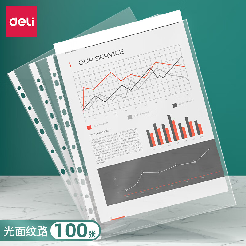 得力(deli)100只 11孔资料册文件替芯袋文件快递袋 资料保护袋 票据收纳搭配孔夹快劳夹使用