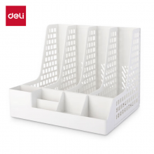 得力文件框莫兰迪桌面办公室多层档案报告书籍学生书立文件栏筐收纳盒塑料收纳自带笔筒 白色PB106   5个装