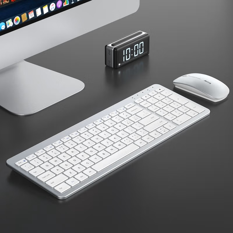  HW198D无线键盘鼠标套装 商务办公安静键鼠套装超薄轻音充电台式电脑笔记本男女生 2.4G无线充电键盘+鼠标【银白】