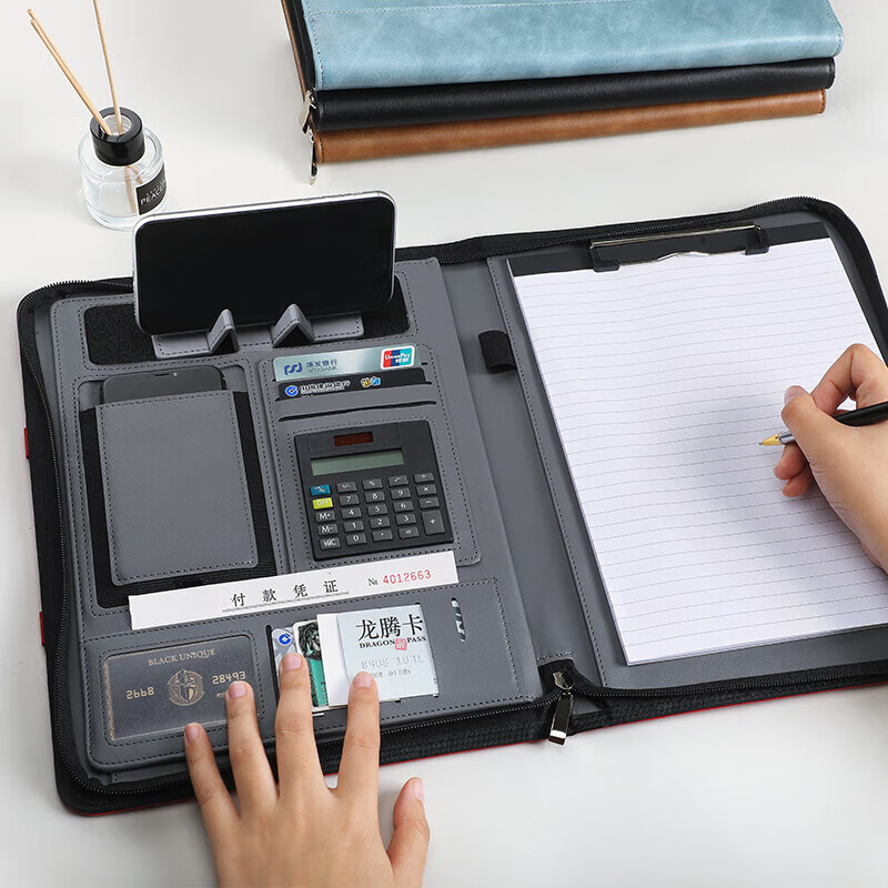 多功能笔记本子带充电移动电源经理夹办公合同资料销售签约本创意商务礼品本定制logo拉链文件包记事 黑色8位计算器/无充电