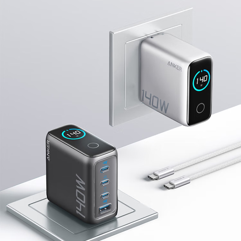 安克智显充140W充电器套装 氮化镓屏显type-c多口pd快充100W头适用苹果17iPhone手机笔记本电脑 灰