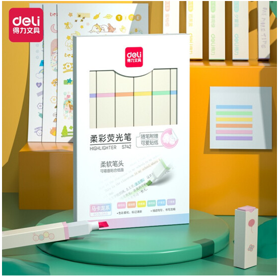 得力方杆荧光笔6支装S742