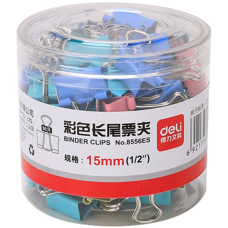 得力 8556ES 彩色长尾夹 15mm 60只/筒 （单位：筒） 彩色