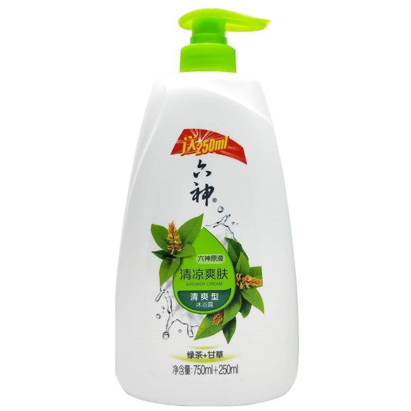 六神沐浴露清凉爽肤绿茶甘草男女留香沐浴露乳家庭装750ml250ml